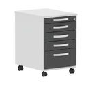 Container on rollers, 4 drawers + utensil drawer, central locking               